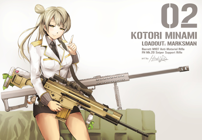 1girl, anti-materiel_rifle, black_necktie, black_skirt, brown_hair, character_name, eyebrows, eyebrows_visible_through_hair