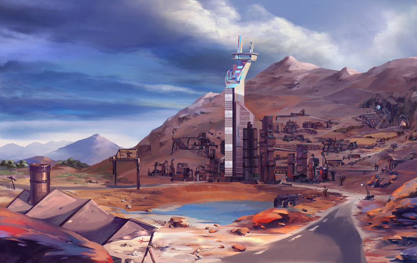 blue_sky, building, clouds, day, lamppost, mining, mountain, no_humans