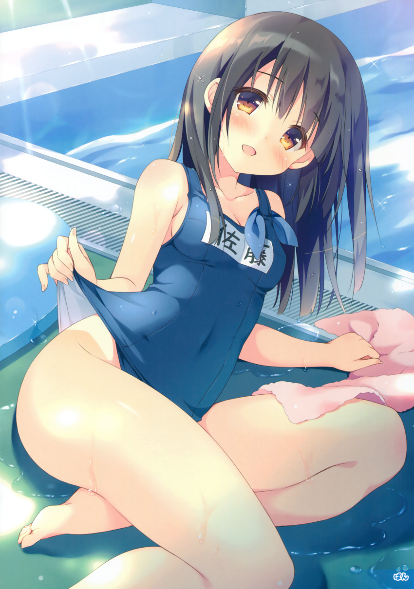 1girl, absurdres, bare_legs, barefoot, black_hair, blush, breasts, brown_eyes, cleavage, covered_navel, fingernails, hair_over_breasts, highres, long_hair, looking_at_viewer, lying, one-piece_tan, original, outdoors, pan_(mimi), scan, school_swimsuit, sitting, small_breasts, smile, solo, sunlight, swimsuit, swimsuit_lift, tan, tanline, towel, water, wet, yokozuwari
