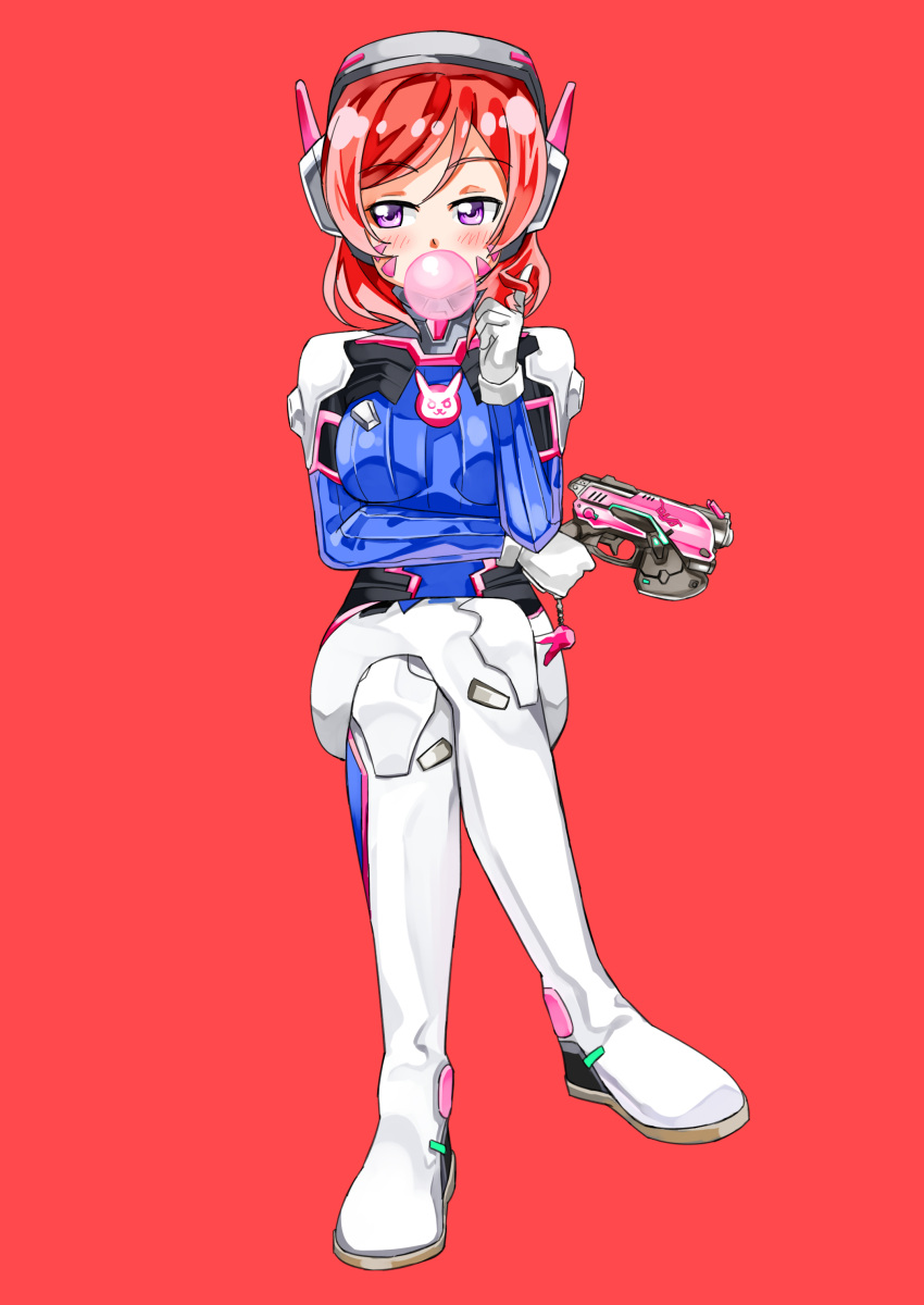 1girl, absurdres, blush, bodysuit, bubble_blowing, bubblegum, crossed_legs, d.va_(overwatch)