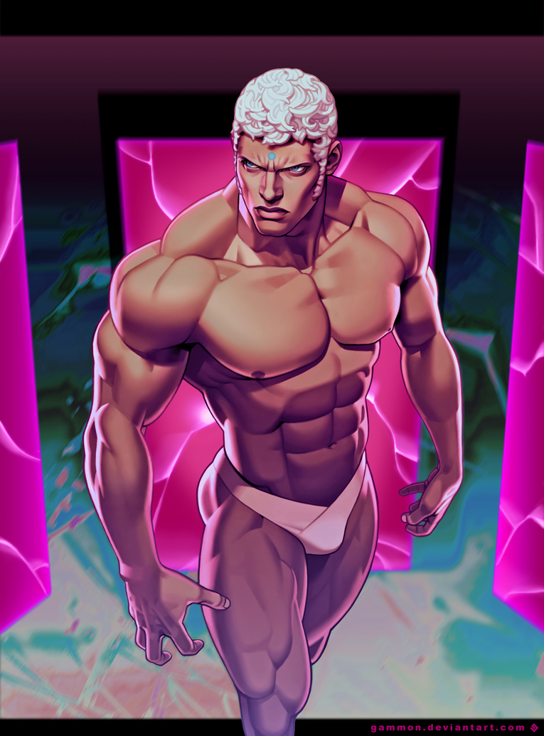 1boy, abs, chad_walker, commentary, curly_hair, dark_skin, forehead_jewel, lips, male_swimwear, muscle, shirtless, short_hair, sideburns, solo, street_fighter, street_fighter_iii, swimwear, thick_thighs, thighs, thong, urien, white_hair