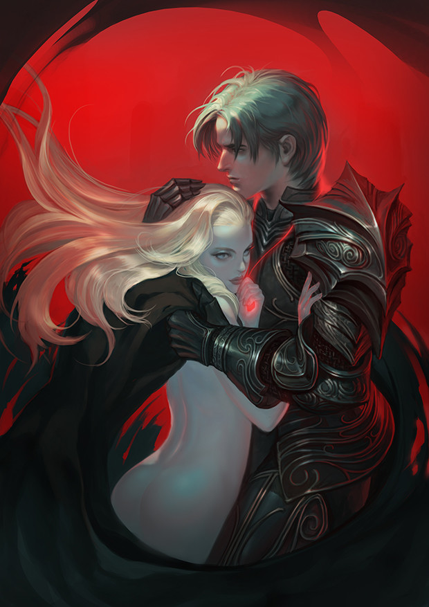 1boy, 1girl, armor, back, blonde_hair, clothed_male_nude_female, commentary, cradling_head