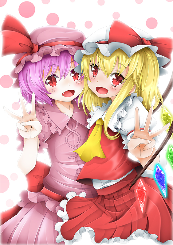 2girls, :d, backlighting, blonde_hair, blush, cheek-to-cheek, cravat, fang, flandre_scarlet, frilled_skirt, frills, hat, hat_ribbon, lavender_hair, looking_at_viewer, makoto5391, mob_cap, multiple_girls, no_wings, open_mouth, polka_dot, polka_dot_background, puffy_short_sleeves, puffy_sleeves, red_eyes, remilia_scarlet, ribbon, short_hair, short_sleeves, siblings, side_ponytail, simple_background, sisters, skirt, skirt_set, smile, touhou, w, wings