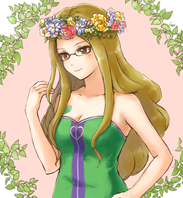 1girl, akane_(imochimo), bare_shoulders, breasts, brown_hair, character_request, fairy_tail, glasses, head_wreath, long_hair, smile, solo