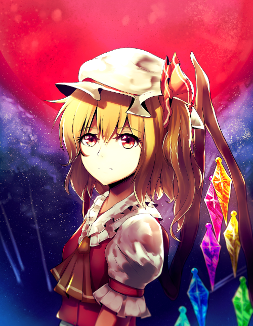 1girl, blonde_hair, commentary, cravat, expressionless, flandre_scarlet, full_moon, hat, hat_ribbon, looking_at_viewer, meilynn-hayakan, meteor, mob_cap, moon, night, outdoors, puffy_short_sleeves, puffy_sleeves, red_eyes, red_moon, red_vest, ribbon, short_hair, short_sleeves, side_ponytail, sky, solo, star_(sky), starry_sky, touhou, upper_body, wings