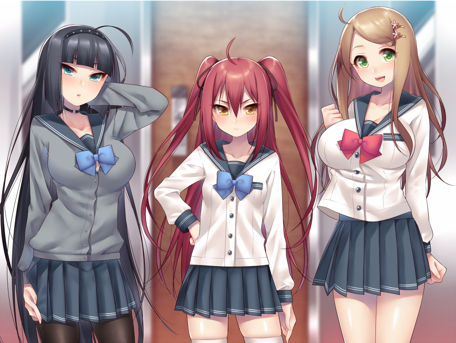 3girls, :d, :o, ahoge, arm_at_side, bangs, black_hair, black_legwear