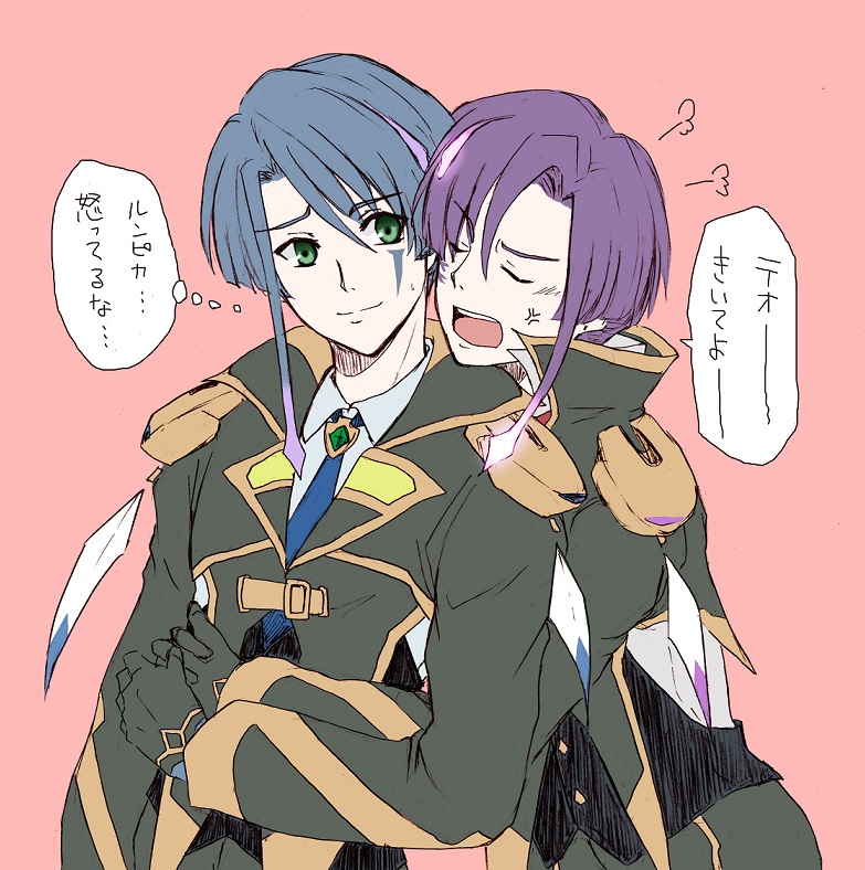 2boys, anger_vein, blue_dress, blue_necktie, brothers, closed_eyes, dress, eyebrows, eyebrows_visible_through_hair, glowing, green_eyes, hug, looking_at_another, macross, macross_delta, male_focus, multiple_boys, necktie, pink_background, purple_hair, sasaya, siblings, smile, theo_jussila, translation_request, twins, xao_jussila