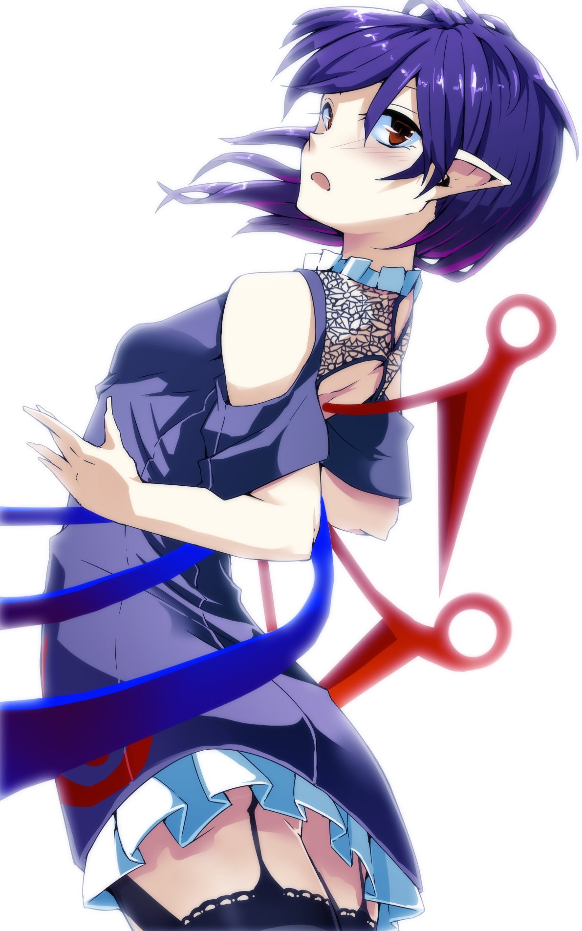 1girl, adapted_costume, arched_back, asymmetrical_wings, bare_shoulders, black_dress, black_legwear, bloom