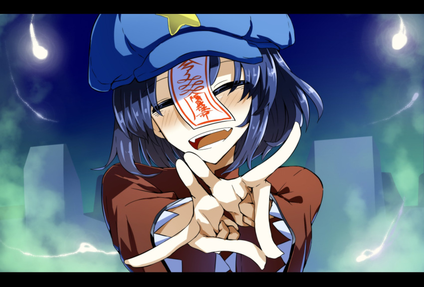 1girl, :d, ^_^, beret, blue_hair, blush, closed_eyes, commentary_request