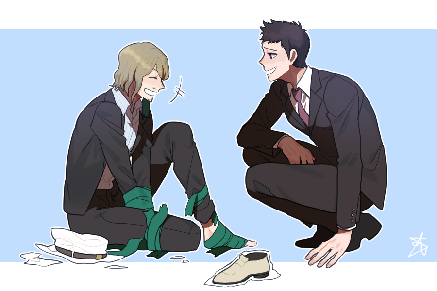 2boys, beard, blonde_hair, dangan_ronpa, dangan_ronpa_3, facial_hair, formal, hat