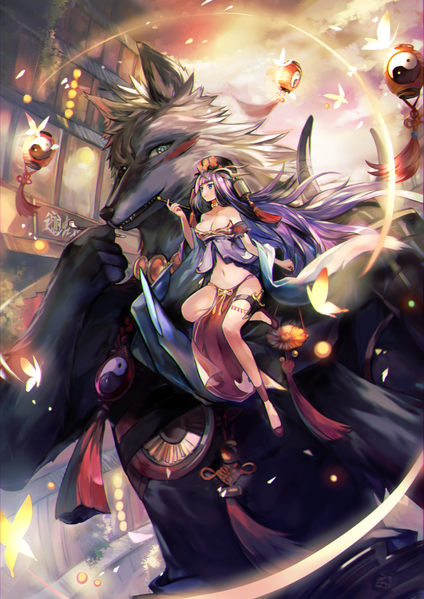 1girl, armor, bangs, bare_shoulders, beastman, blunt_bangs, bow, bowtie, butterfly, collarbone, commentary_request, furry, giant, green_eyes, hat, hime_cut, in_palm, lantern, long_hair, midriff, navel, original, paper_lantern, pelvic_curtain, pipe, puffy_short_sleeves, puffy_sleeves, purple_hair, red_shoes, shawl, shoes, short_sleeves, shoulder_armor, tassel, very_long_hair, violet_eyes, wolf, wolf_boy, xxx-ff, yellow_bow, yellow_bowtie, yin_yang