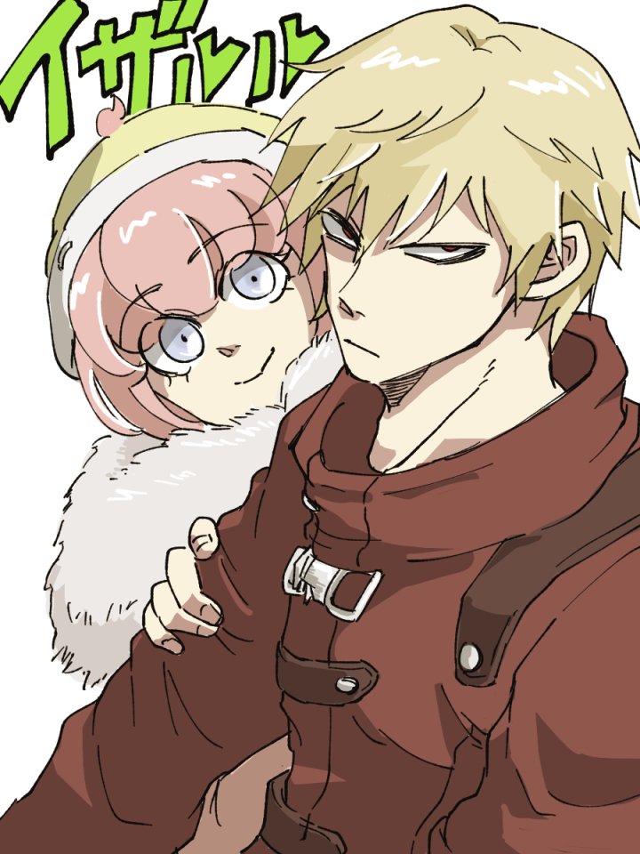 1boy, 1girl, andou_ruruka, beanie, blonde_hair, blue_eyes, coat, dangan_ronpa, dangan_ronpa_3, fur_trim, hat, izayoi_sounosuke, kitamuron, looking_at_viewer, pink_hair, red_eyes, smile