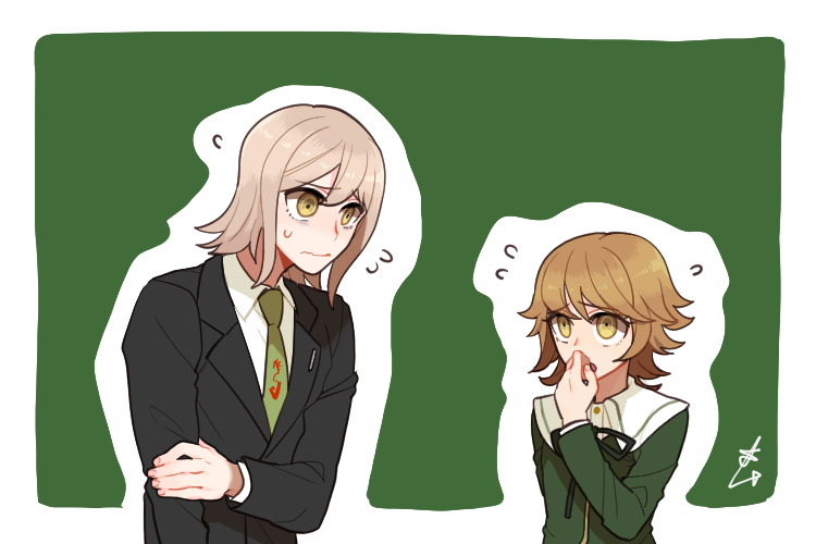 2boys, brown_hair, dangan_ronpa, dangan_ronpa_1, dangan_ronpa_3, eyebags, flipped_hair, flying_sweatdrops