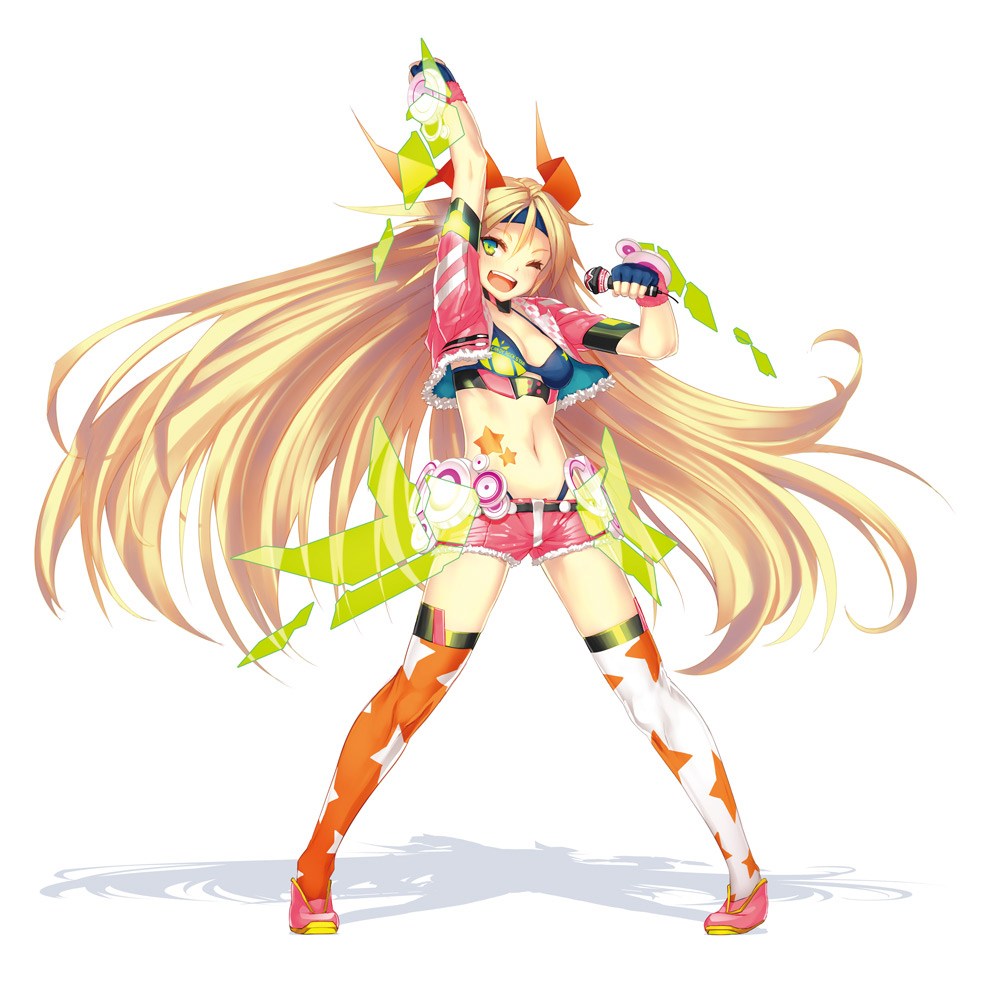 1girl, arm_up, blonde_hair, holding, long_hair, mascot, microphone, mismatched_legwear