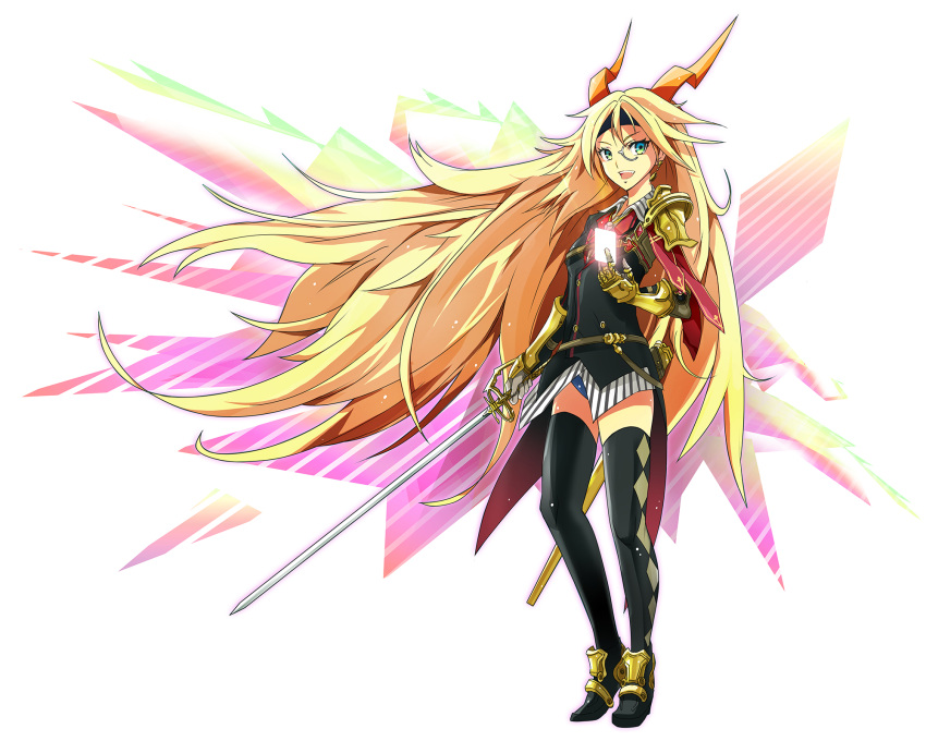 1girl, argyle, argyle_legwear, armor, artist_request, black_legwear, blonde_hair, full_body