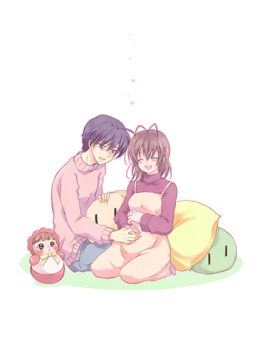 1girl, antenna_hair, blue_eyes, blue_hair, brown_hair, clannad, closed_eyes, couple