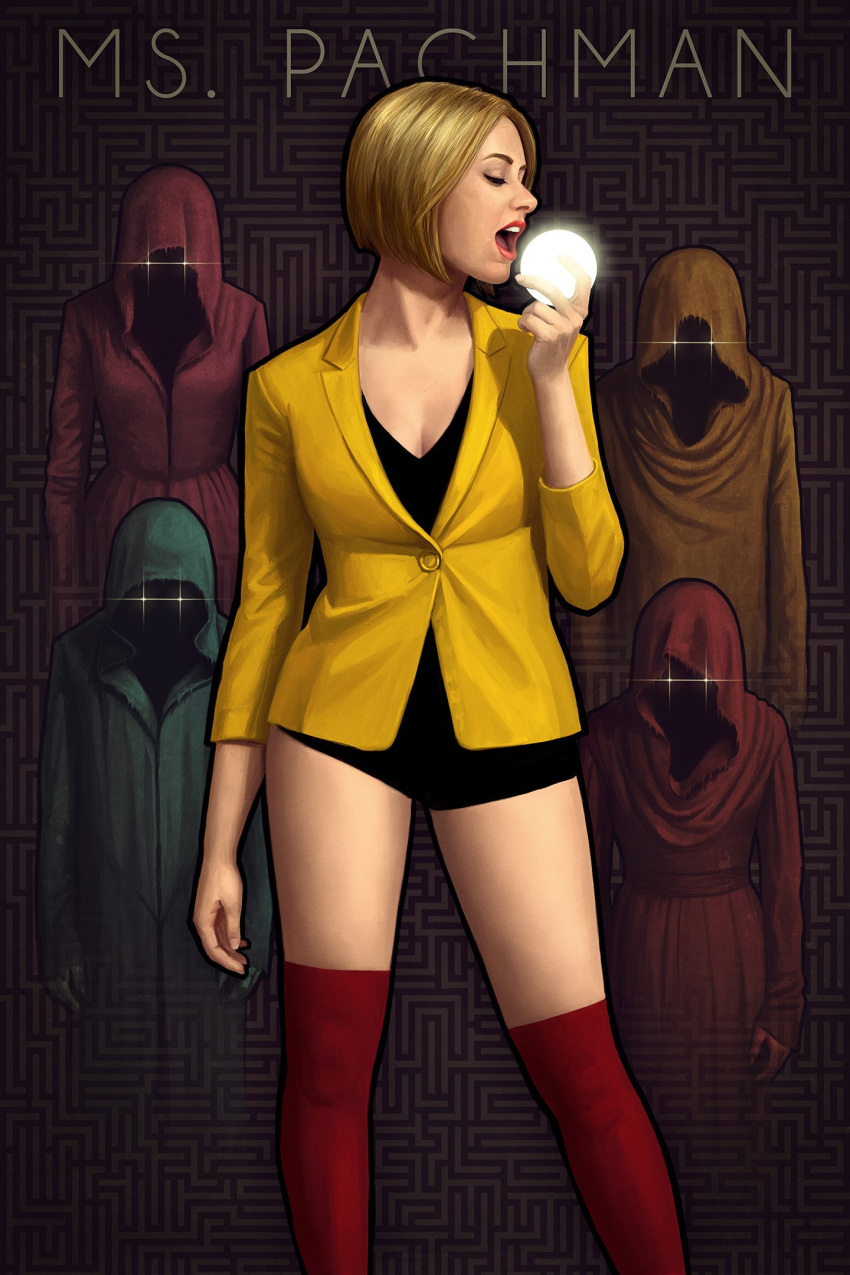 astor_alexander, black_shorts, blonde_hair, breasts, cleavage, closed_eyes, contrapposto, glowing