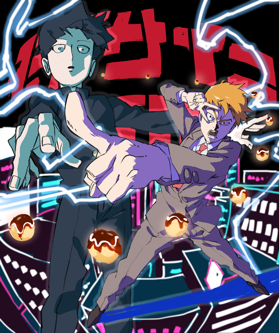 2boys, black_hair, blonde_hair, building, copyright_name, formal, gakuran, kageyama_shigeo