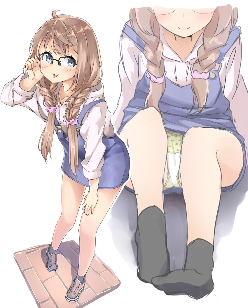 1girl, absurdres, adjusting_glasses, ahoge, amemiya_sekira, black_legwear, blue_eyes, blush, braid, brown_hair, glasses, hair_ornament, hair_scrunchie, highres, hood, hooded_jacket, jacket, long_hair, looking_at_viewer, miniskirt, multiple_views, original, overall_skirt, panties, pantyshot, pantyshot_(sitting), polka_dot, polka_dot_panties, scrunchie, sekira_ame, simple_background, sitting, skirt, smile, socks, standing, tongue, tongue_out, underwear, white_background, zoom_layer