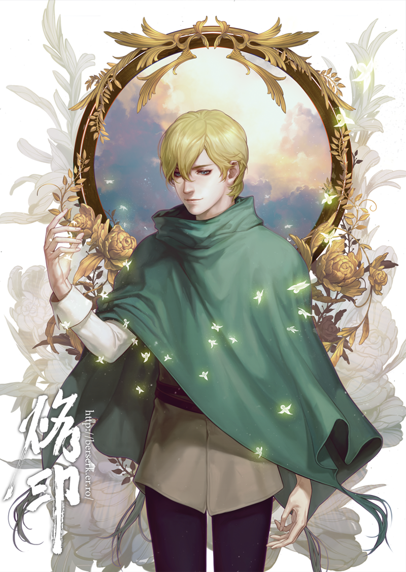 1boy, berserk, blonde_hair, blue_eyes, cloak, flower, glowing, kenny_(poe90)