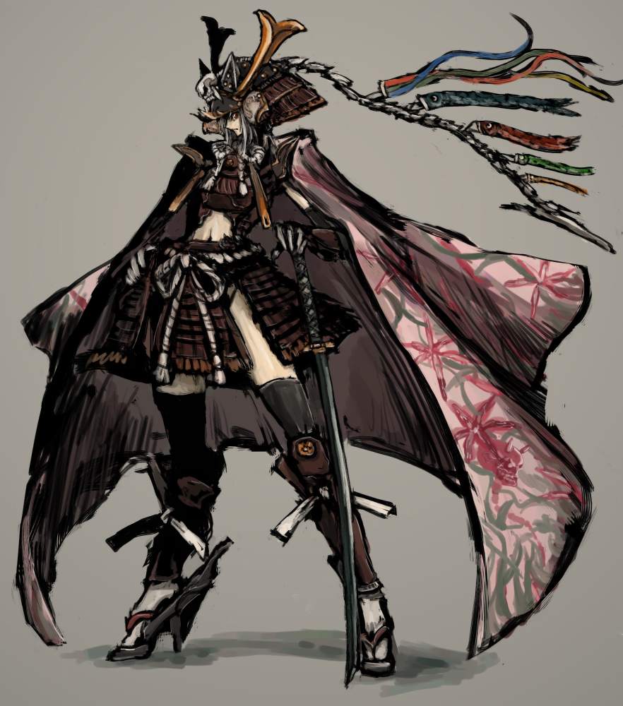 cape, helmet, high_heels, kabuto, katana, kusazuri, midriff, moto_murabito