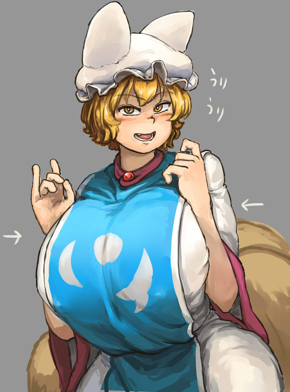 1girl, blonde_hair, blush, breast_press, breasts, brown_eyes, chanta_(ayatakaoisii), covered_nipples, cowboy_shot, curvy, directional_arrow, dress, fox_tail, grey_background, hand_gesture, hat, highres, huge_breasts, long_sleeves, looking_at_viewer, multiple_tails, open_mouth, pillow_hat, shiny, shiny_hair, short_hair, simple_background, solo, tabard, tail, teeth, tongue, touhou, white_dress, wide_hips, wide_sleeves, yakumo_ran