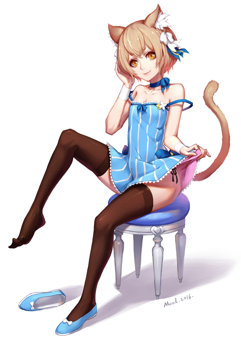 1boy, 2016, animal_ears, artist_name, bare_shoulders, black_legwear, black_panties, blue_bow, blue_dress, blue_ribbon, blue_shoes, bow, brown_hair, cat_ears, cat_tail, choker, closed_mouth, collarbone, crossdressinging, dated, dress, dress_lift, eyebrows, eyebrows_visible_through_hair, eyelashes, felix_argyle, flashing, flats, full_body, fur, hair_bow, hand_on_own_head, highres, knee_up, lifted_by_self, looking_at_viewer, male_focus, mool_yuegang, otoko_no_ko, panties, re:zero_kara_hajimeru_isekai_seikatsu, ribbon, shadow, shoes, shoes_removed, short_dress, short_eyebrows, short_hair, side-tie_panties, simple_background, single_shoe, sitting, sleeveless, sleeveless_dress, smile, solo, stool, strap_slip, tail, thigh-highs, underwear, white_background, white_bow, wristband, yellow_eyes