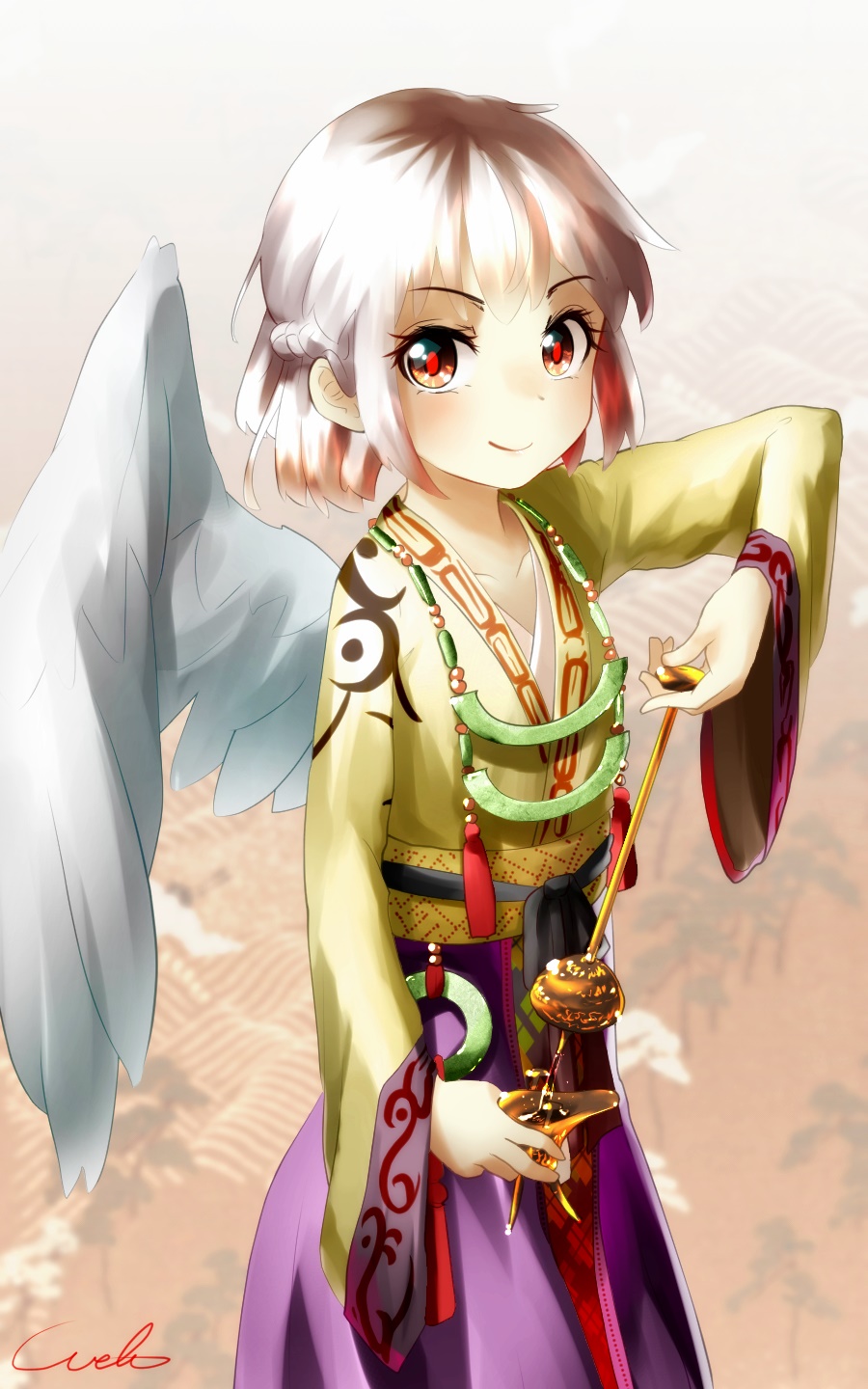 1girl, alternate_costume, angel_wings, artist_name, blurry_background, braid, brown_eyes, brown_hair