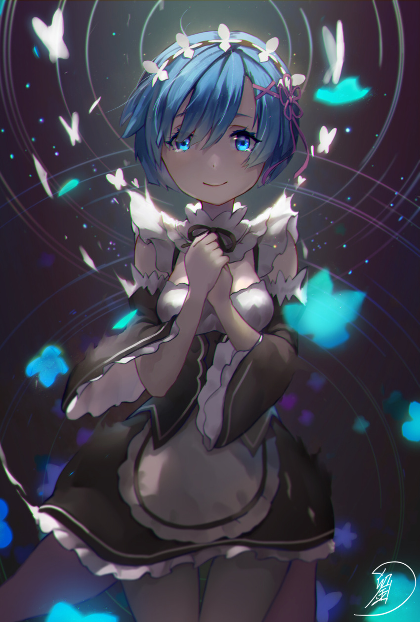 blue_eyes, blue_hair, detached_sleeves, fukafusa, hair_ornament, hair_ribbon, highres, maid
