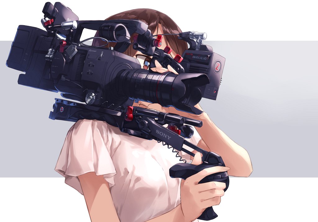 1girl, camera_lens, hidden_face, original, simple_background, solo, sony, tv_camera, yomo_(majidon)