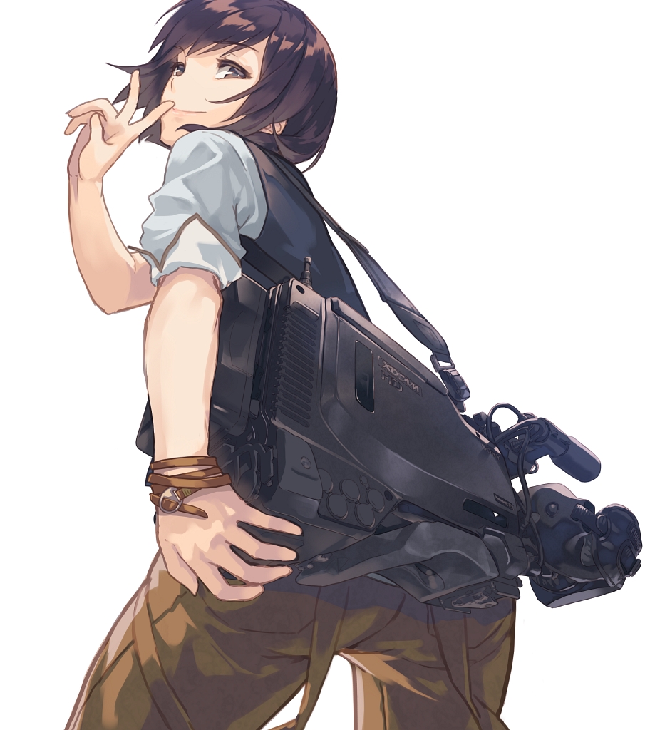 1girl, brown_eyes, camera_lens, looking_at_viewer, original, product_placement, simple_background, smile