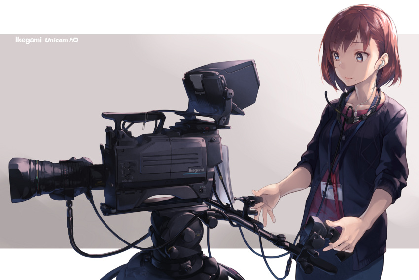 1girl, brown_eyes, camera_lens, earpiece, eye_reflection, headset, original, product_placement
