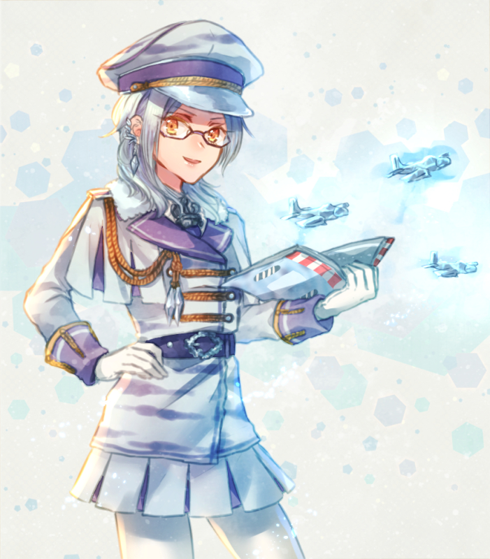 1girl, aircraft, avalugg, book, glasses, gloves, hand_on_hip, hat