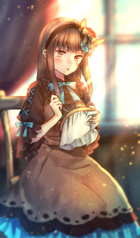 1girl, brown_dress, brown_eyes, brown_hair, chair, character_request, dress, female