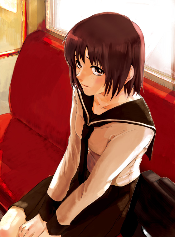 bad_id, bag, brown_eyes, from_above, hiiragi_aika, looking_up, mx0, necktie, red_hair, redhead, school_bag, school_uniform, serafuku, short_hair, sitting, train, train_interior
