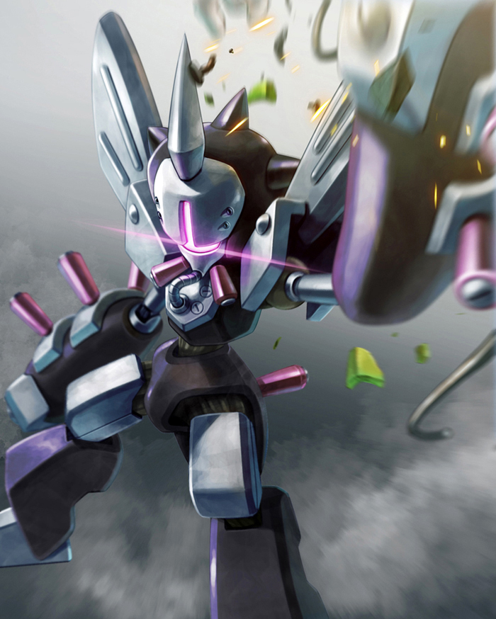 arm_up, belzelga, glowing, glowing_eyes, horn, joints, looking_at_viewer, mecha