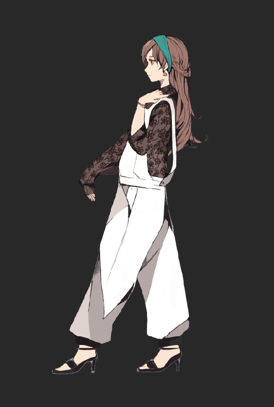 1girl, asymmetrical_sleeves, black_shoes, braid, breasts, brown_eyes, brown_hair, closed_mouth