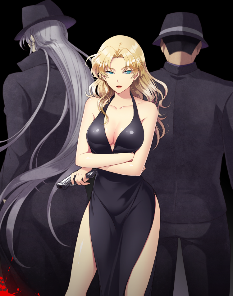 1girl, 2boys, back, bangs, bare_arms, bare_shoulders, black_coat, black_dress