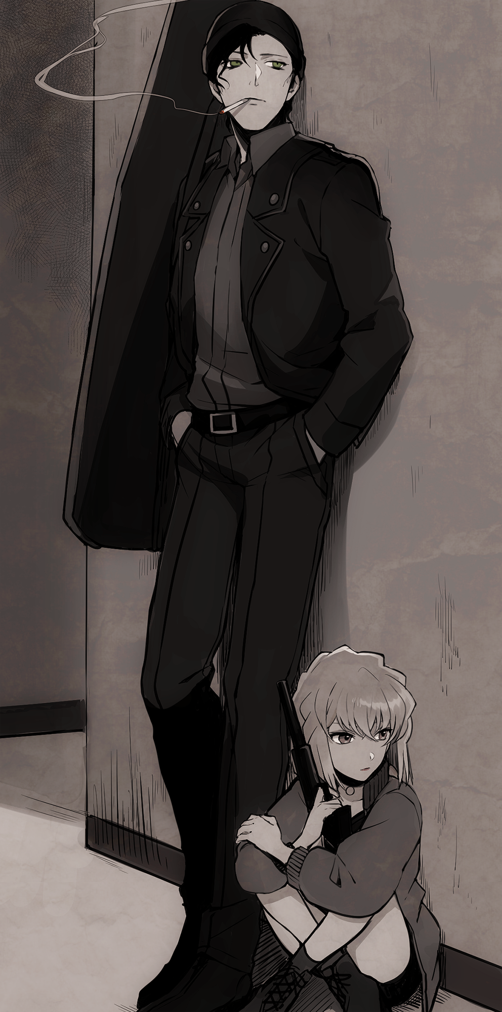 1boy, 1girl, akai_shuuichi, anklet, bangs, beanie, belt_buckle, black_hair