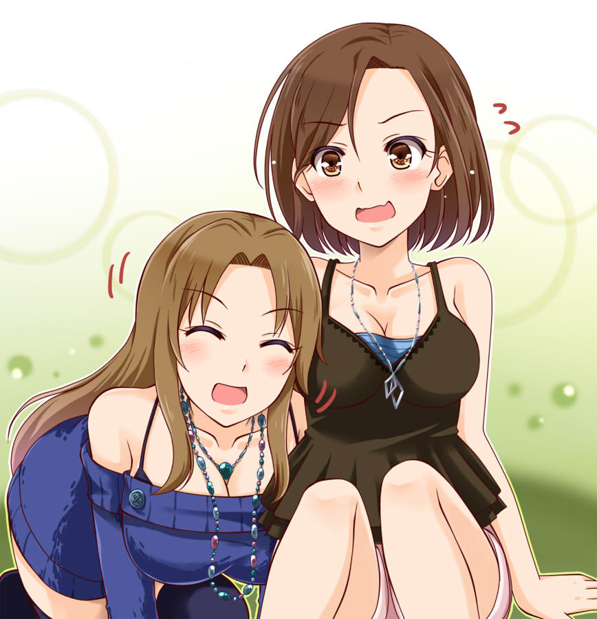 2girls, bare_shoulders, breasts, brown_eyes, brown_hair, cleavage, closed_eyes, idolmaster