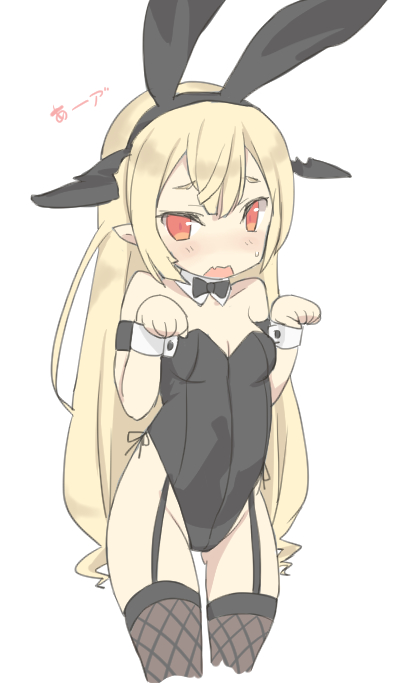 1girl, animal_ears, blonde_hair, blush, bow, bowtie, bunny_girl, bunny_pose, bunny_tail, bunnysuit, camilla_regina, detached_collar, fake_animal_ears, fang, fishnets, garter_straps, hairband, head_wings, lo_xueming, long_hair, open_mouth, pointy_ears, pop-up_story, rabbit_ears, red_eyes, sweatdrop, tail, thigh-highs, vampire, wrist_cuffs