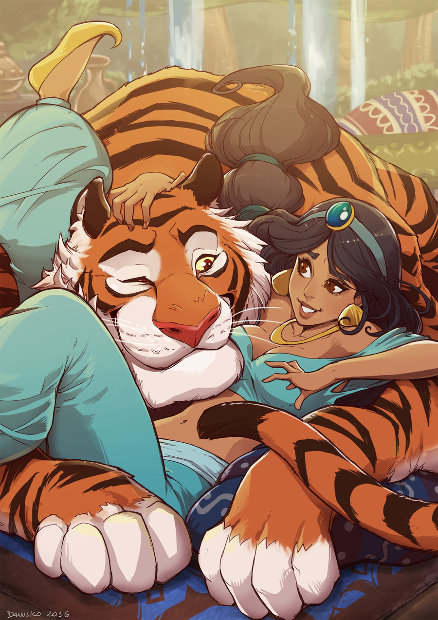 1girl, aladdin_(disney), animal, breasts, cleavage, danusko, dark_skin, disney