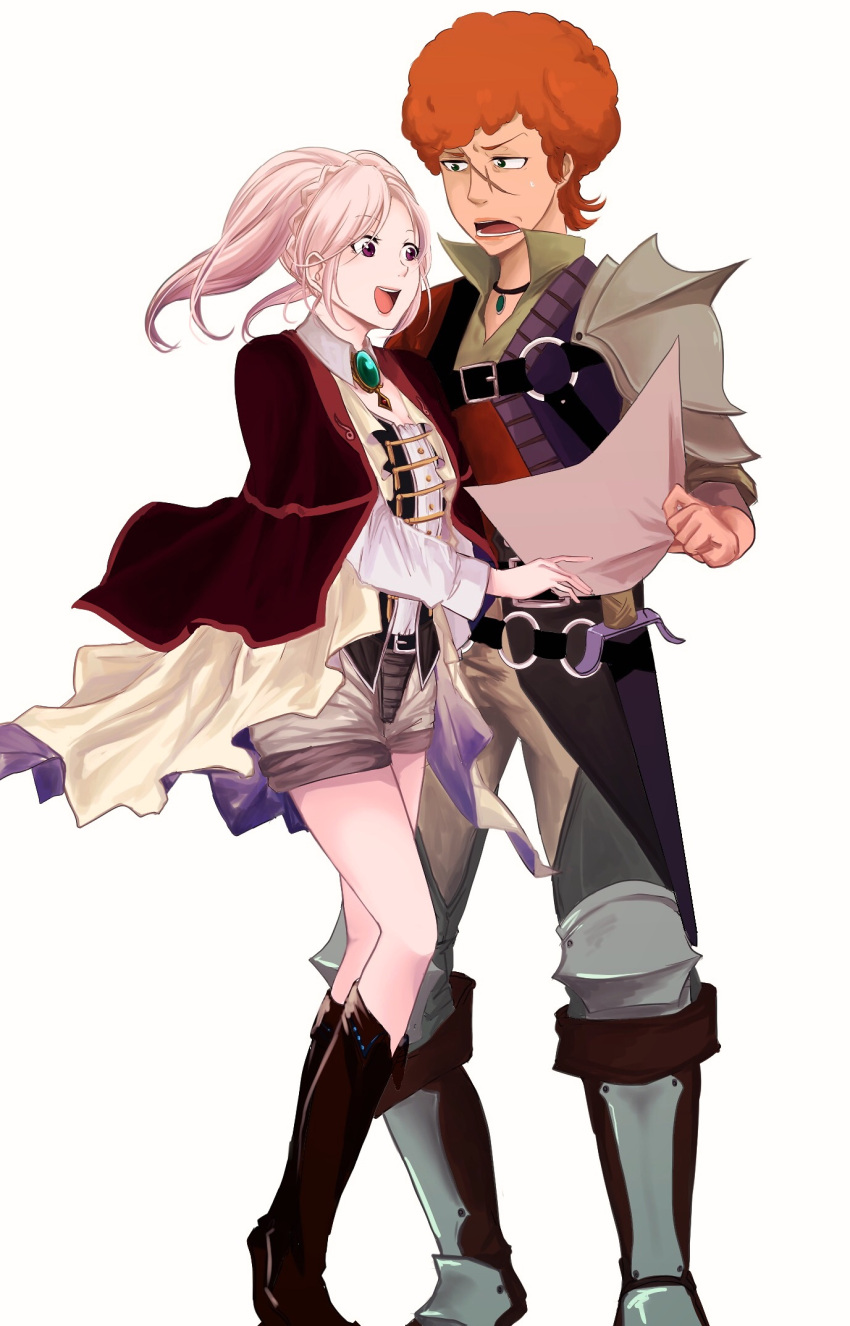 1boy, 1girl, almira, armor, armored_boots, ayubee, boots, highres