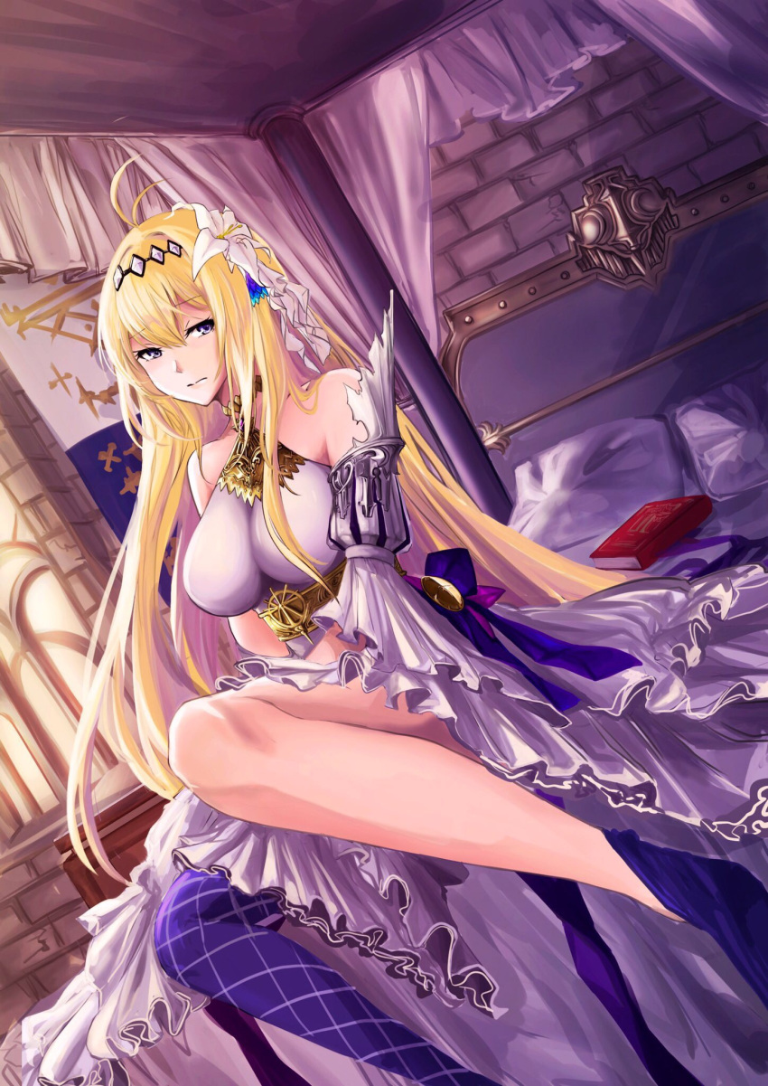 1girl, asymmetrical_legwear, ayubee, bed, blonde_hair, blue_legwear, book, character_request