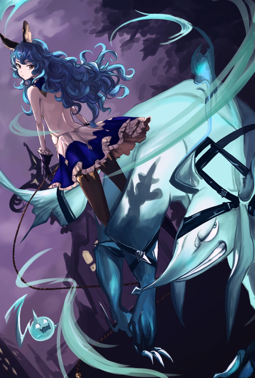 1girl, animal_ears, ayubee, black_legwear, blue_hair, breasts, brown_eyes, dress