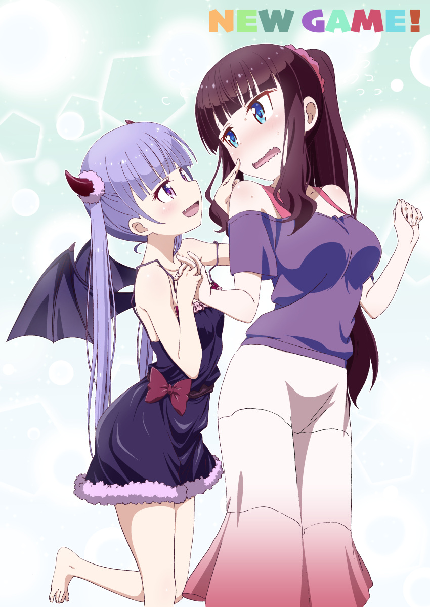 2girls, absurdres, barefoot, black_dress, black_wings, blue_eyes, collarbone, copyright_name, demon_wings, dress, eye_contact, fang, hair_ornament, hair_scrunchie, high_ponytail, highres, holding_hands, horns, long_hair, looking_at_another, multiple_girls, new_game!, off_shoulder, one_leg_raised, open_mouth, pink_x, purple_hair, rown_hair, scrunchie, suzukaze_aoba, takimoto_hifumi, twintails, violet_eyes, wings