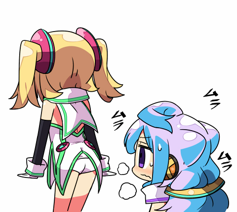 1boy, 1girl, arm_warmers, blonde_hair, blue_hair, blush, elbow_gloves, from_behind