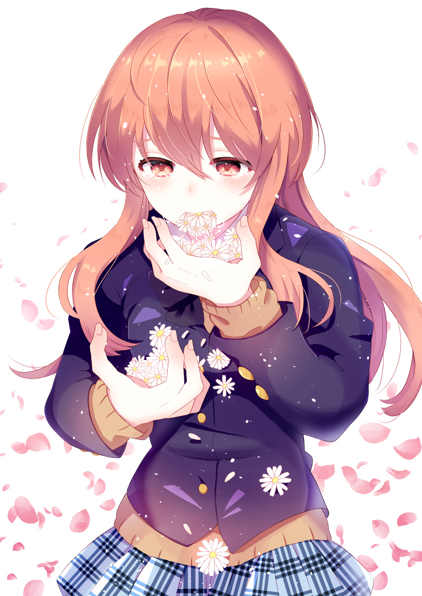 1girl, absurdres, blush, brown_eyes, brown_hair, crying, daisy, deaf