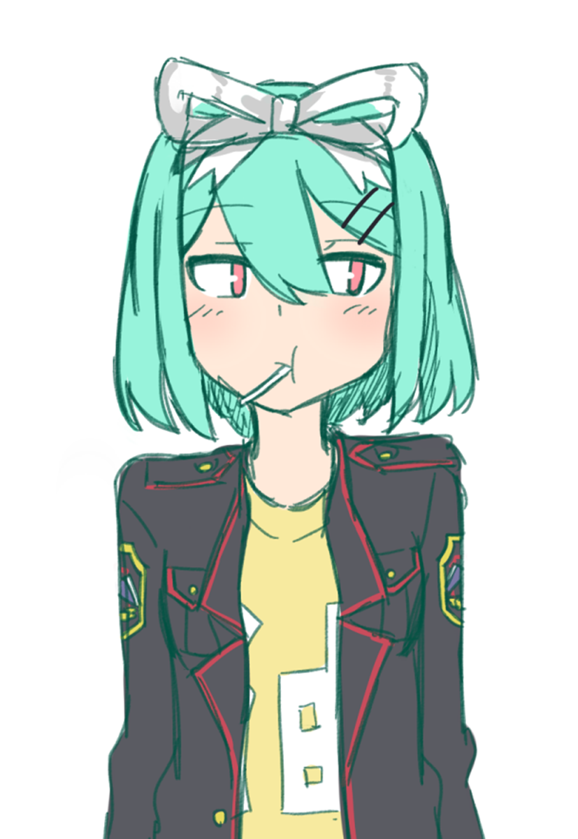 1girl, aqua_hair, blush, eyebrows, eyebrows_visible_through_hair, hair_ornament, hair_ribbon, hairclip