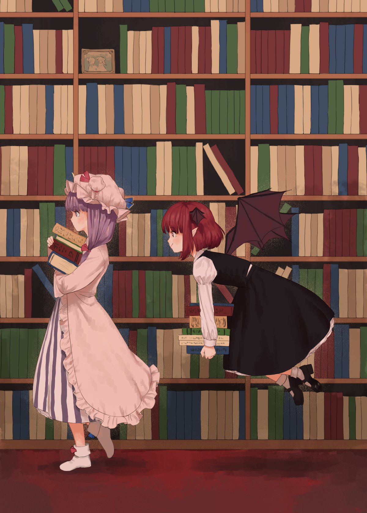 2girls, bangs, black_shoes, black_skirt, blue_ribbon, blunt_bangs, book, bow